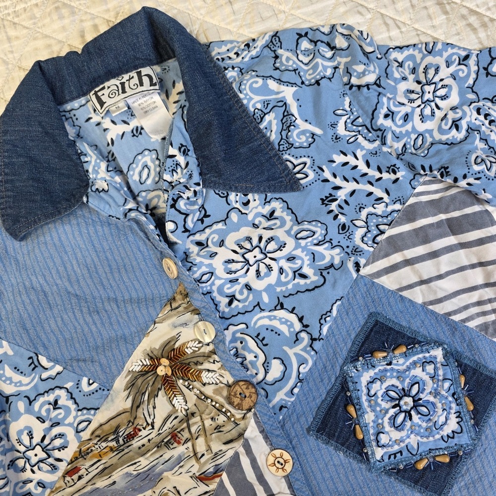 Womens Medium Boho Chic Coastal Patchwork Beaded Wood Cropped Button Up Shirt